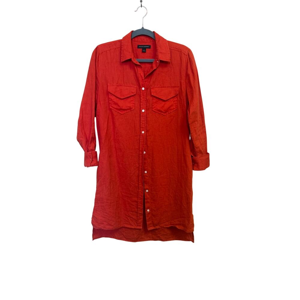 BANANA REPUBLIC 100% LINEN SHIRT DRESS WOMEN SIZE 6 RED UTILITY BUTTON FRONT